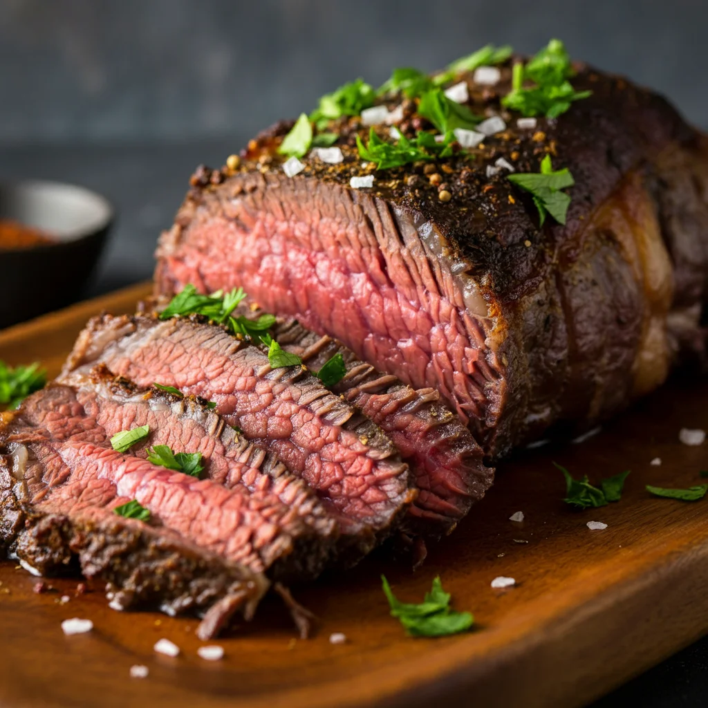 Carnivore Chuck Roast Close-up of shredded carnivore chuck roast glistening with juices, garnished with parsley, on a rustic wooden platter.