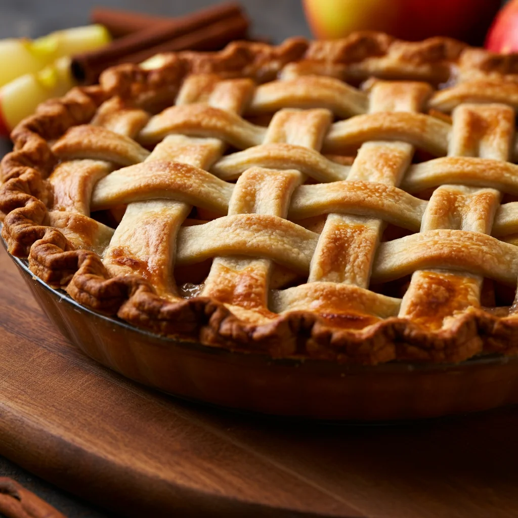 Granny Smith Apple Pie Close-up side view of a golden Granny Smith apple pie with visible roasted apple filling, on a wooden surface with cinnamon sticks nearby.