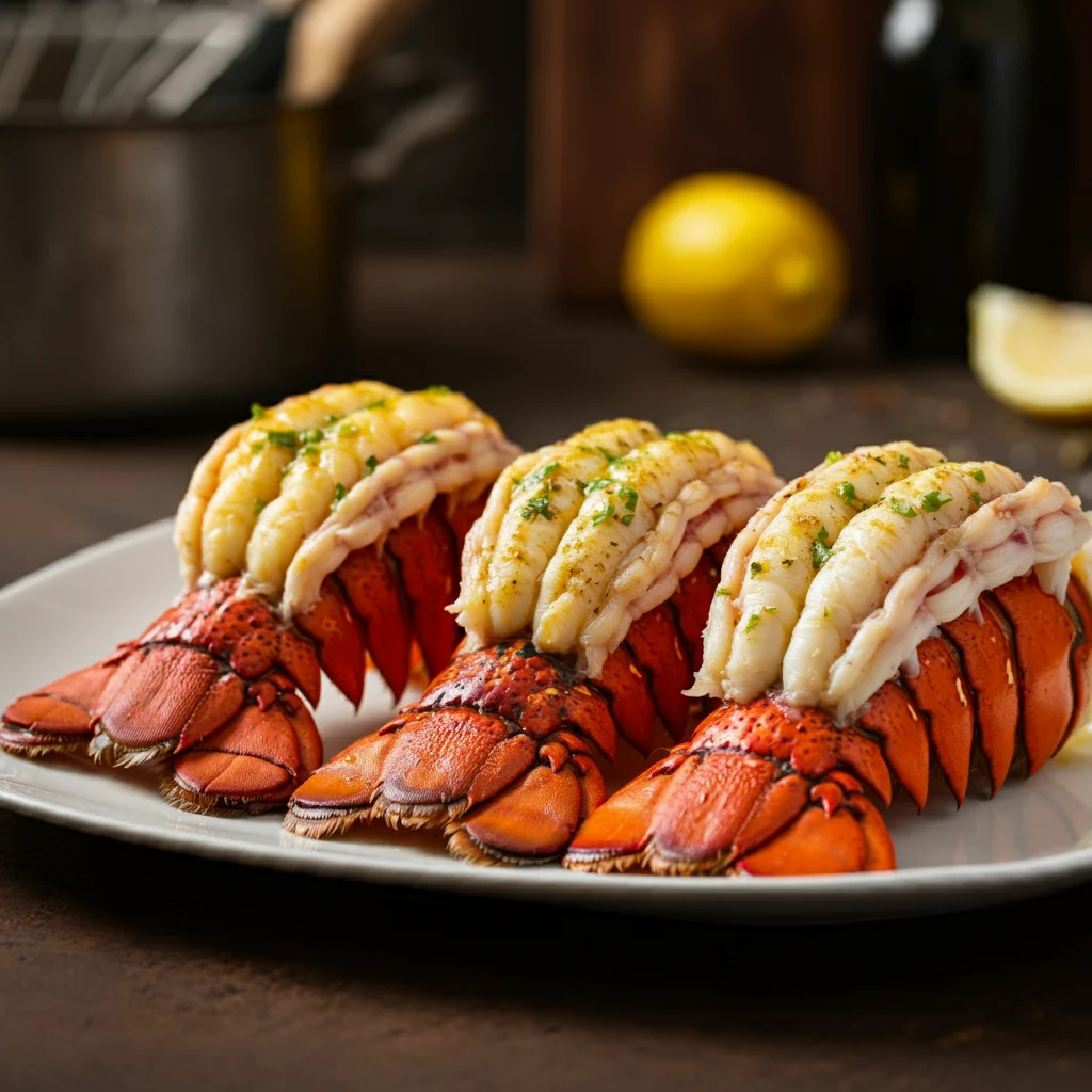 Carnivore Lobster Tails Side-angle view of buttery carnivore lobster tails on a white plate, with vibrant red shells and golden meat, against a blurred rustic background.