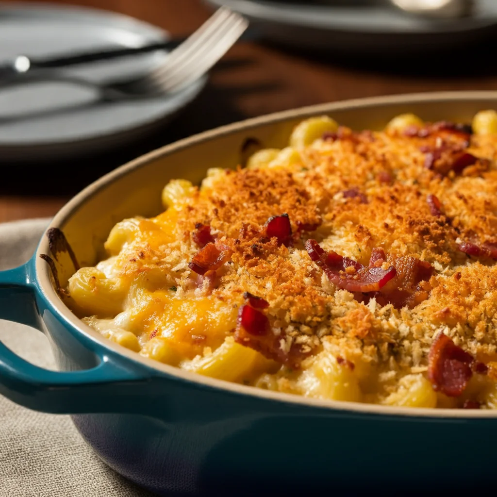 Baked Mac and Cheese Close-up of Baked Mac and Cheese with Bacon in a blue baking dish, showing the golden crust of cheese and breadcrumbs, on a table with a fork nearby.