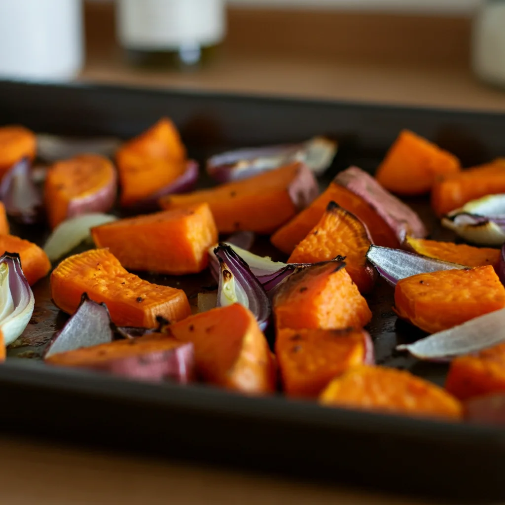 WW Roasted Sweet Potatoes Close-up of roasted sweet potatoes and onions on a baking tray, showing crispy edges and a rustic kitchen background.