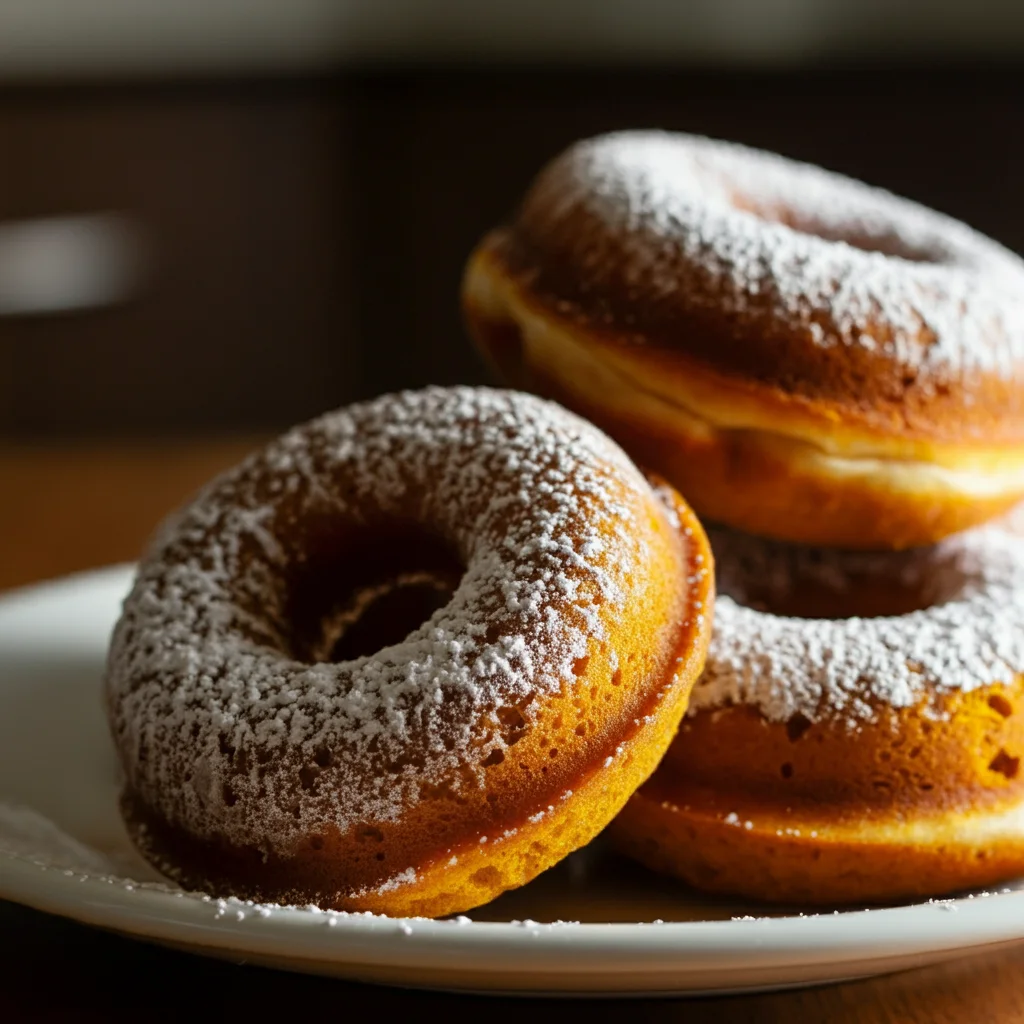 WW Pumpkin Spice Doughnuts Close-up of pumpkin spice doughnuts on a plate, showcasing their texture with a cozy wooden table in the blurred background.