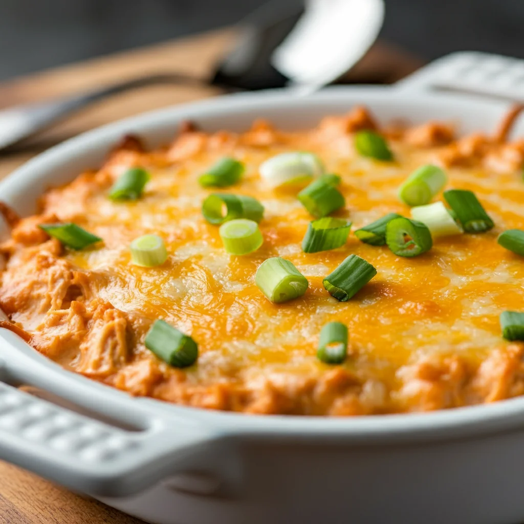 Keto Buffalo Chicken Dip Close-up of Keto Buffalo Chicken Dip with melted cheese, blue cheese, and green onions, on a wooden table with a spoon beside it.
