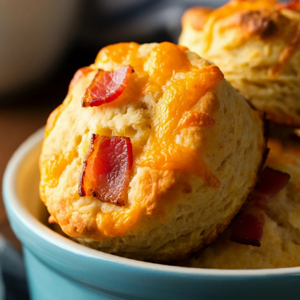 Keto Bacon & Cheese Biscuits Close-up of a biscuit in focus with a bowl of Keto Bacon and Cheese Biscuits blurred in the background, showing crispy edges and melted cheese.