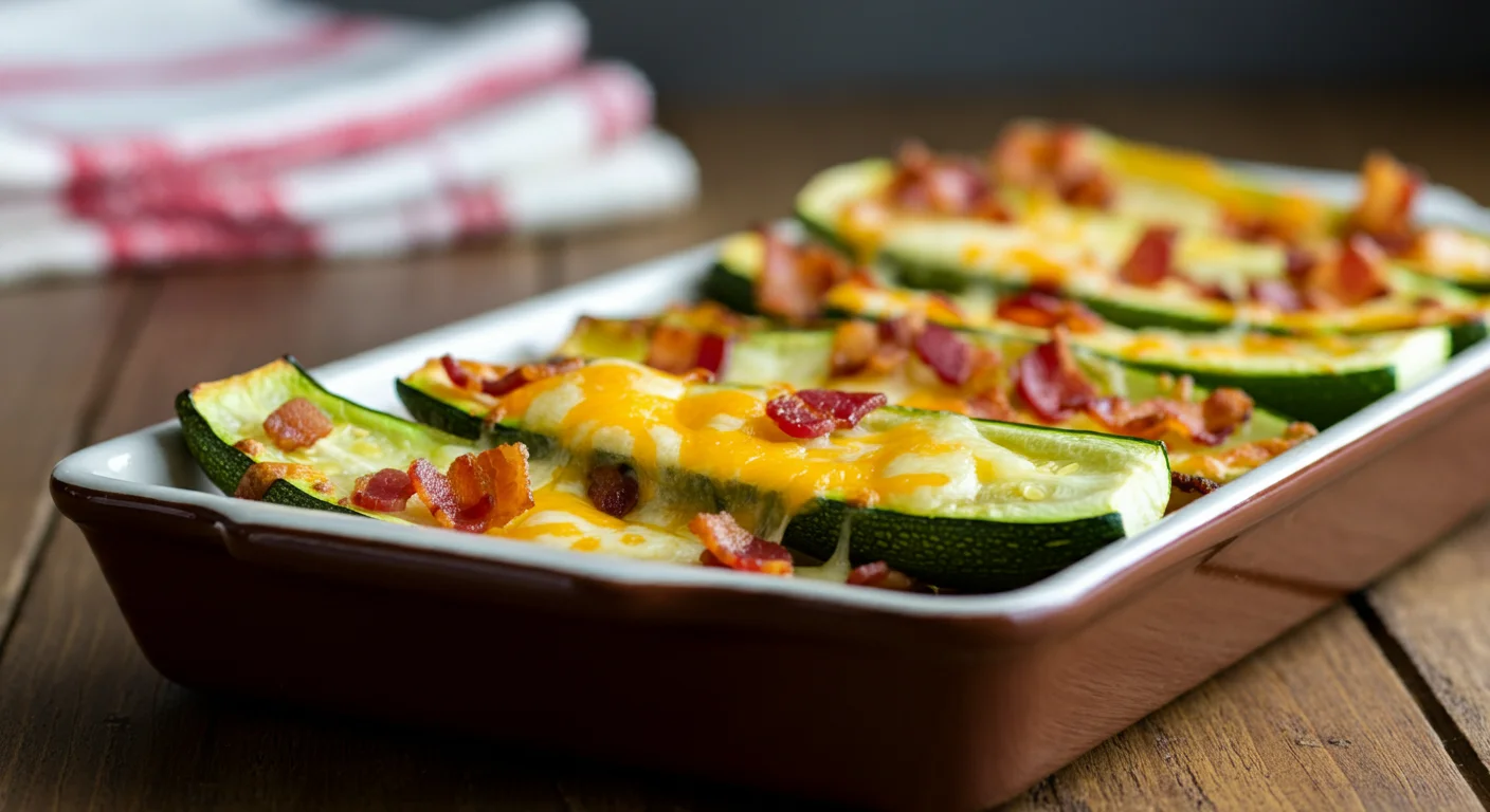 Keto Loaded Zucchini Skins Freshly baked Keto Loaded Zucchini Skins on a white plate topped with cheese, bacon, sour cream, and green onions in a casual setting.