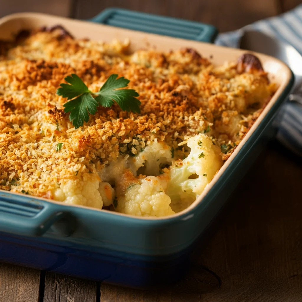 WW Cauliflower Gratin with Crispy Panko Topping Overhead shot of crispy panko-topped cauliflower gratin in a blue baking dish with parsley.
