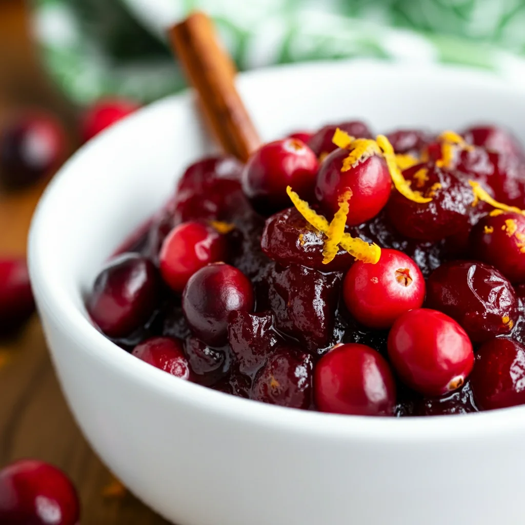 Keto Cranberry Sauce Side-angle of keto cranberry sauce in a white bowl, highlighting its glossy texture with cranberries, zest, and a cinnamon stick on a wooden table.