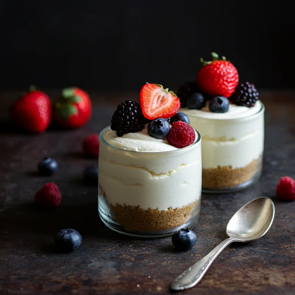 Ultimate Fluffy Keto Cheesecake Alternate angle of keto fluffy cheesecake in glass cups with berries, shot from a lower perspective on a dark, rustic surface.