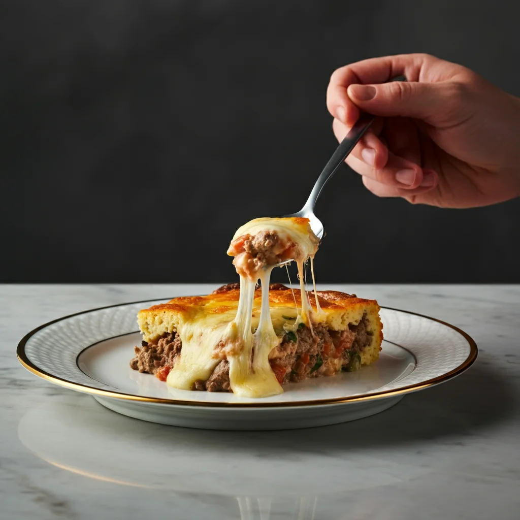 Carnivore Casserole Elegant plate with a carnivore casserole slice, a hand lifting a cheesy bite with a spoon, on a marble countertop.