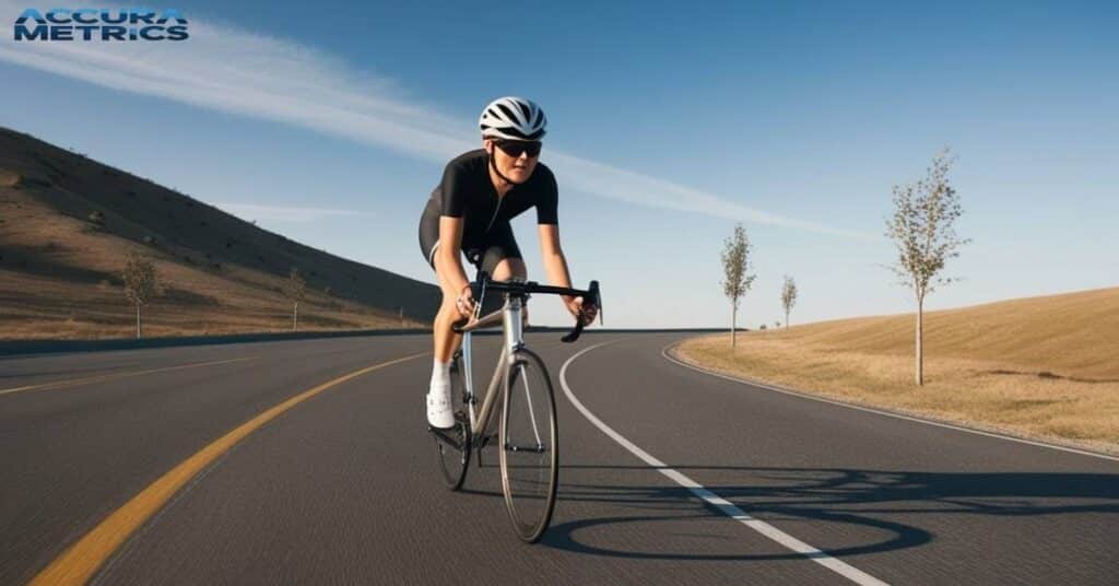 A cyclist riding along a country road.