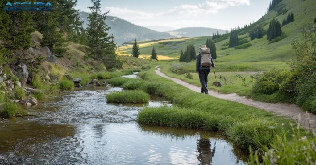 A person walking along a peaceful trail.