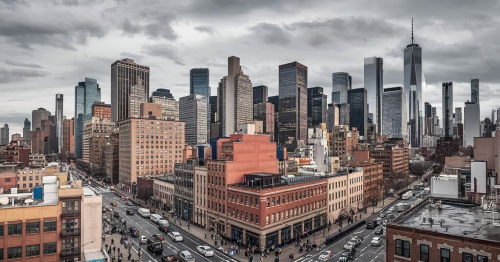 An aerial view showcasing the 50 KM scale of the length of Manhattan Island in New York City.