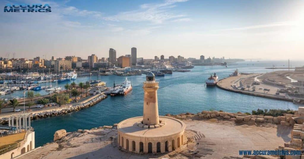 View of the Alexandria harbor in Egypt, with the historic site of the ancient Pharos Lighthouse and modern cityscape along the Mediterranean coast.