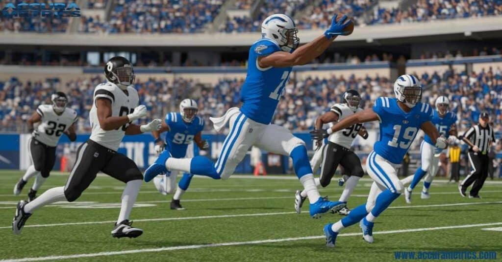 American Athletes playing with one player leaping to catch a ball.