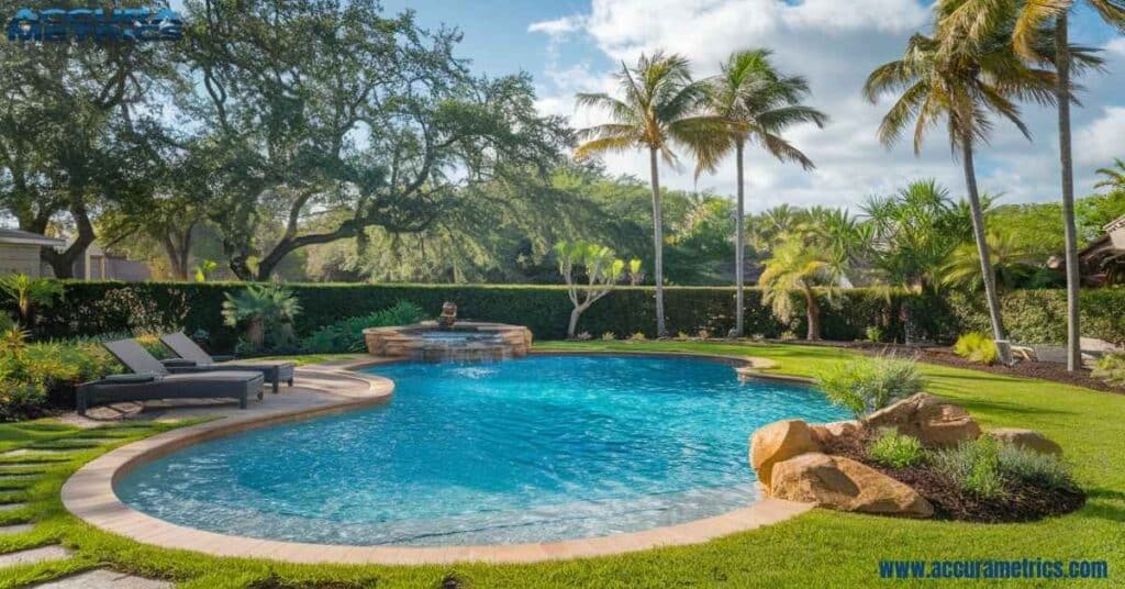 Backyard swimming pool with lounge chairs and palm trees.