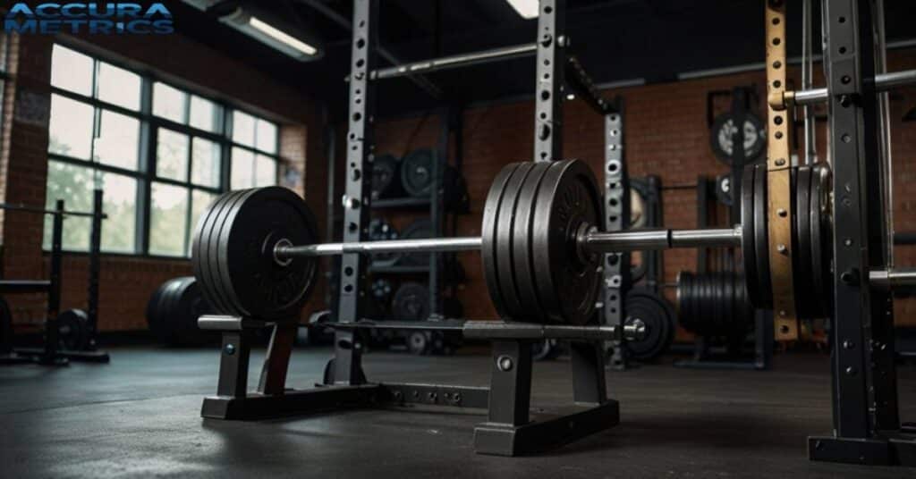 About five feet long Barbell in a gym setting.