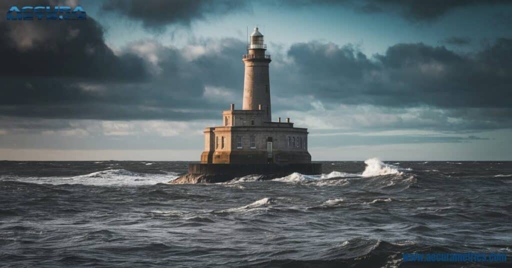 Bell Rock in the North Sea, Scotland, standing tall amidst stormy waters and harsh weather conditions.