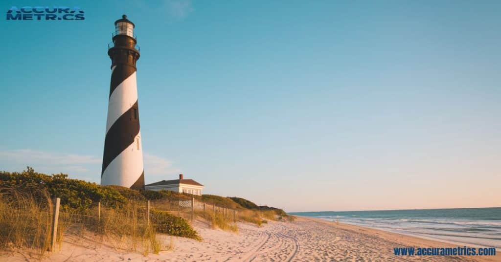 Cape Hatteras Lighthouse with black-and white stripes on a beach.