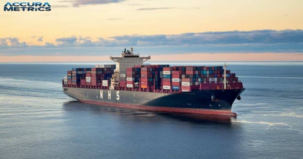 Cargo ship crossing the North Sea under International Shipping and Trade.