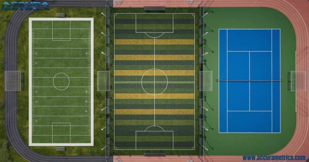 Composite view of a football field, soccer field, and tennis court for comparison.