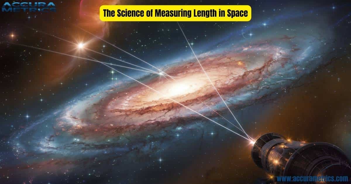 A cosmic landscape with galaxies, stars, and a telescope capturing data beams, symbolizing the measurement of space distances.