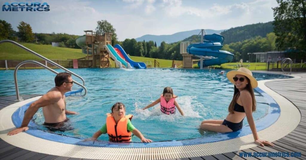 Family having fun in a recreational pool.