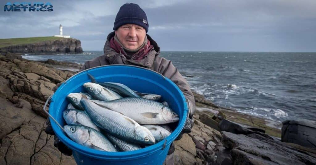 Fisherman with catch on the North Sea coast in the Fishing Grounds and Species section.