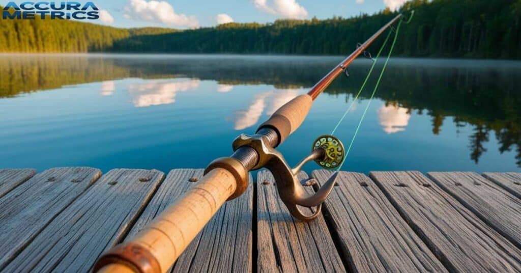 about five feet Fishing rod by a lake.