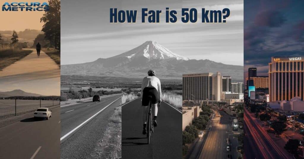 Five scenes comparing 50 kilometers walking path, cyclist, car on rural road, Las Vegas Strip, and mountain peak.