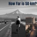 Five scenes comparing 50 kilometers walking path, cyclist, car on rural road, Las Vegas Strip, and mountain peak.