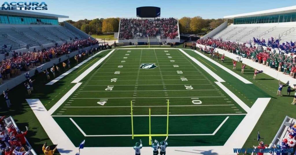 Aerial view of a green football field with white markings and end zones in a stadium.