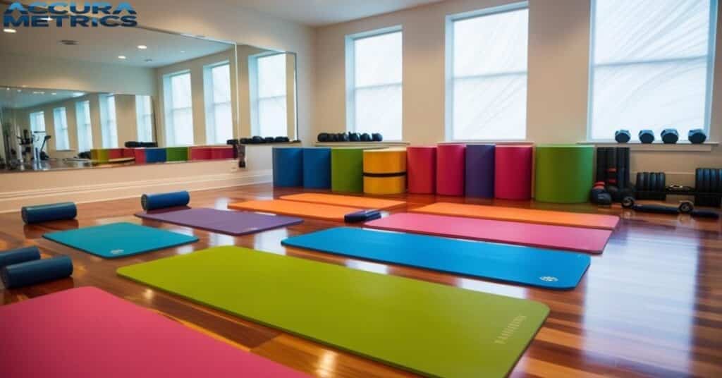 Gym mats in a fitness studio.