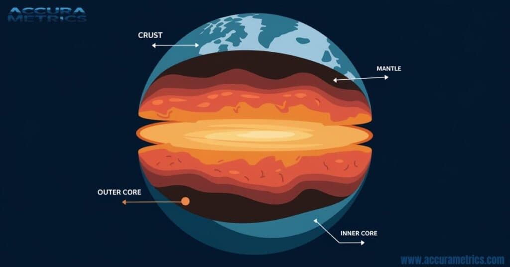 Illustration of layers, including the mantle, outer core, and inner core.