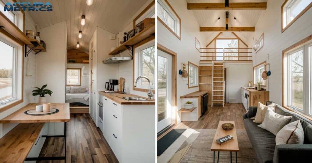 Inside a tiny house on wheels and a tiny house on a foundation, showcasing compact, cozy living spaces with efficient designs.