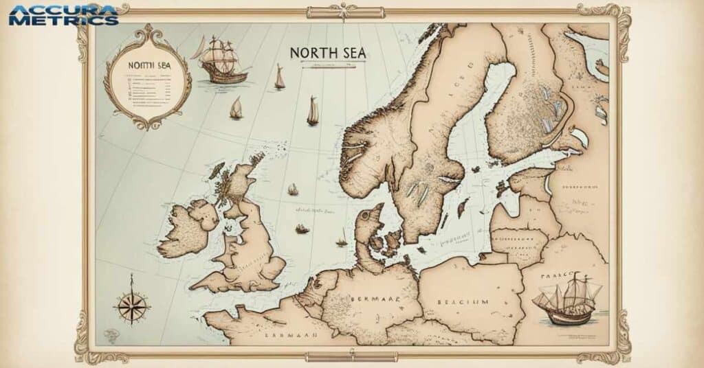 Map highlighting countries, placed under Dimensions of the North Sea.