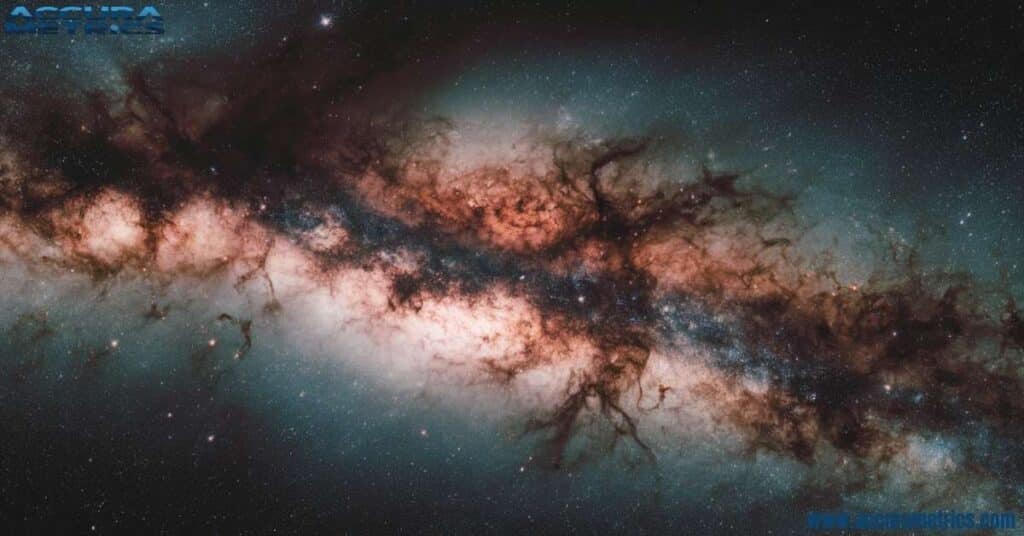 A cosmic landscape with galaxies, stars, and a telescope capturing data beams, representing the process of Measuring Length in Space.