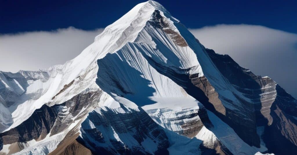 dramatic landscape highlighting the towering 50 kilometer scale of Mount Everest, the world's tallest mountain.