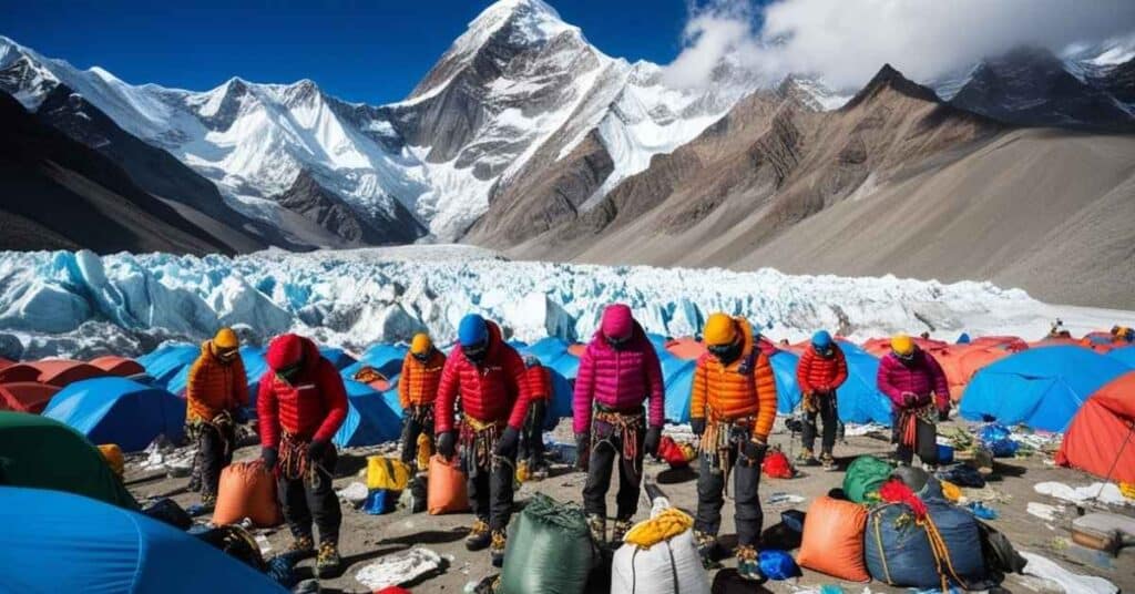 Base camp, bustling with climbers and mountaineering equipment, reflecting the growing environmental concerns due to human activity in the region.