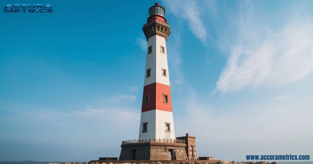 Mulantou in Zhuhai, China, guiding ships on the South China Sea, with a red and white striped design.