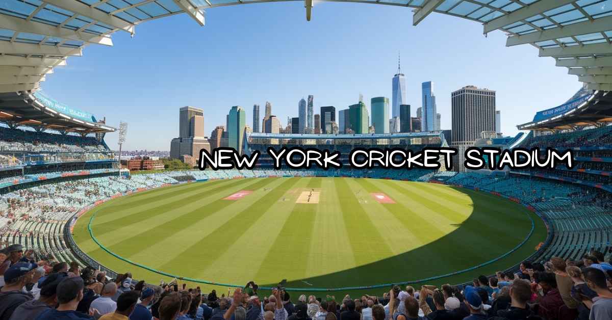 New York Cricket Stadium with the skyline in the background, showcasing the stadium during a cricket match.