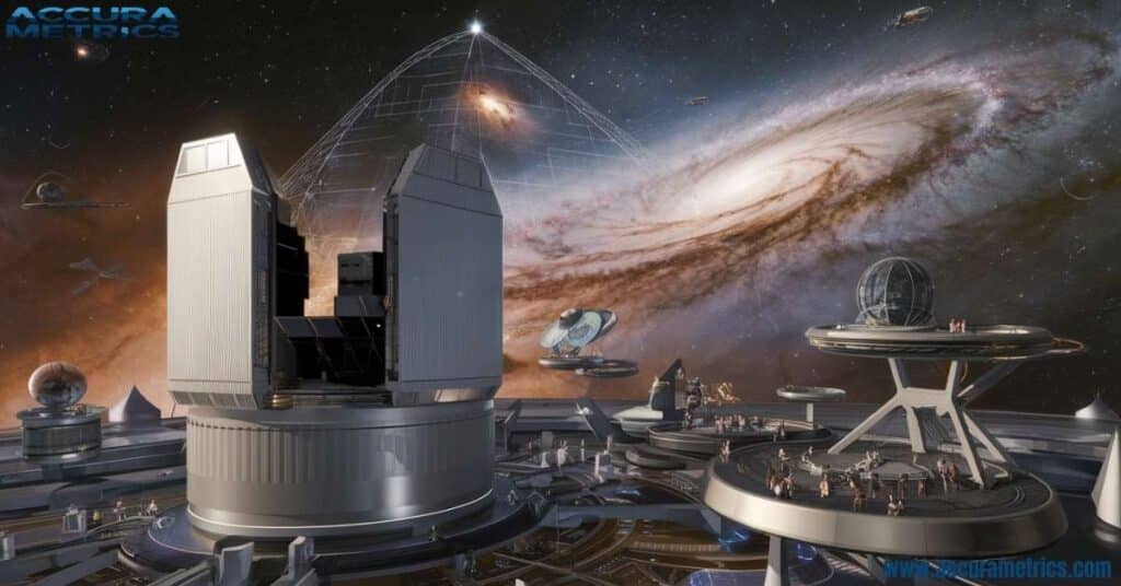 A futuristic space observatory scanning galaxies, with visual elements showcasing quantum measurement advancements.