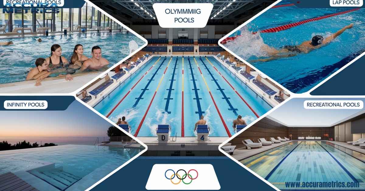 A creative layout of an Olympic swimming pool with five sections highlighting different pool types recreational, lap, infinity, rectangular, and Olympic pools.