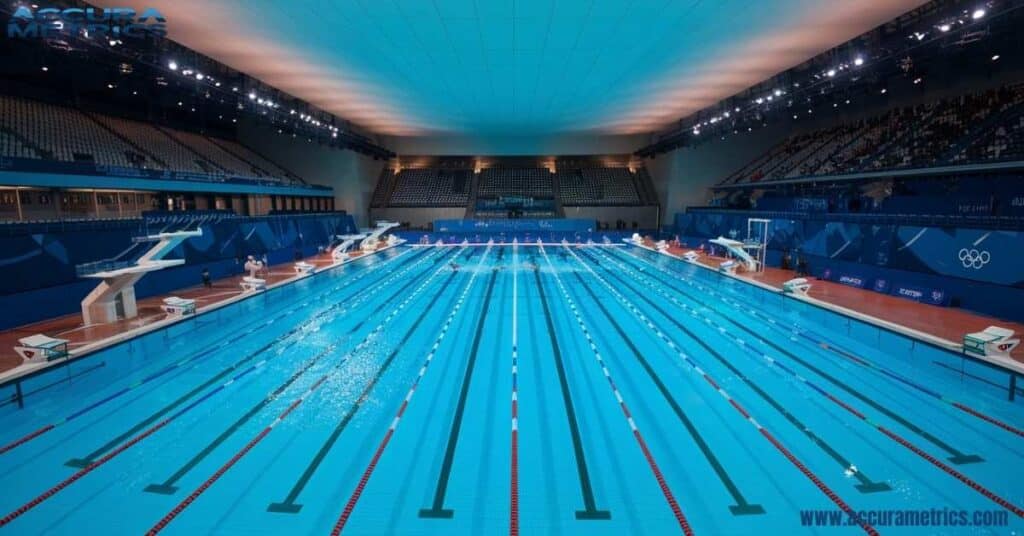 An Olympic pool with diving boards, multiple lanes, and a modern sports complex backdrop.