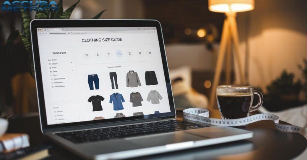 Online size guide for clothing measurements on laptop.