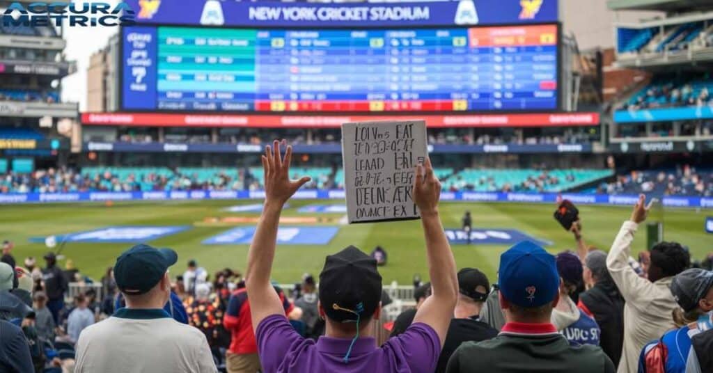 Scoreboard at New York Cricket Stadium showing live match statistics, with fans cheering in the foreground.