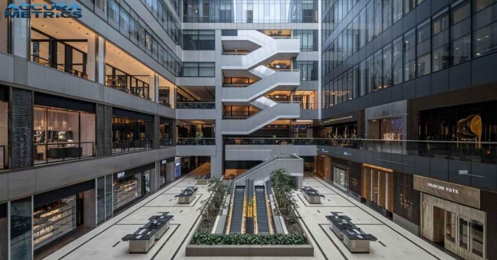 first five floors featuring high-end stores and restaurants with unique layouts, maximizing visibility within the open atrium.