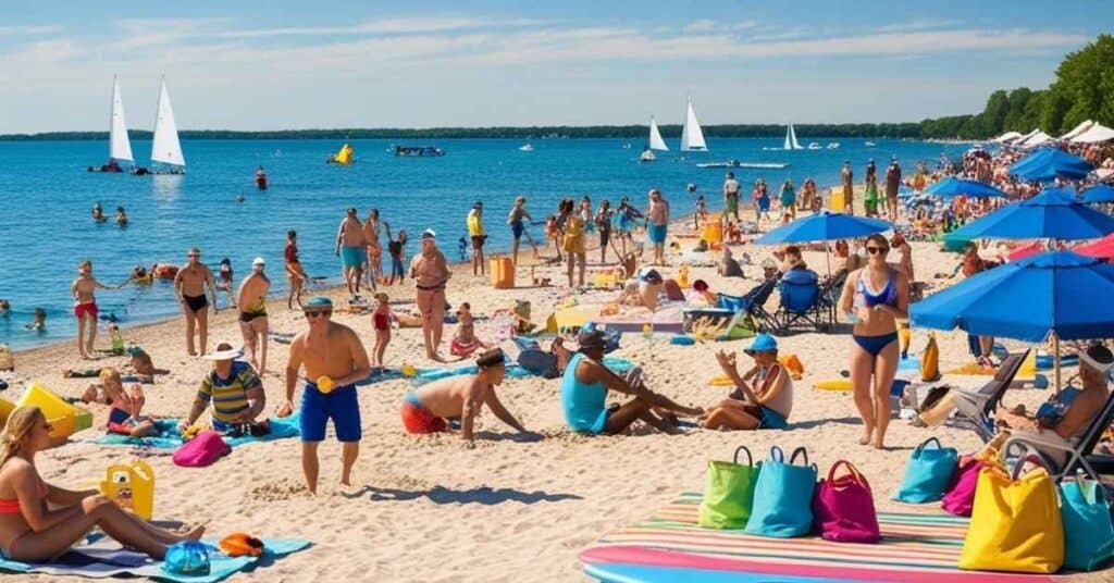 Tourists enjoying the shores of Lake Michigan