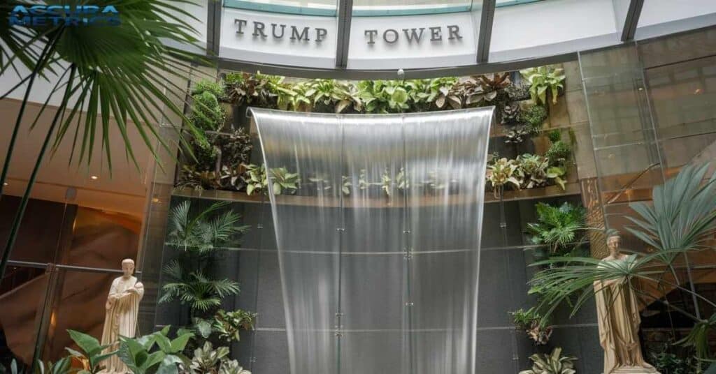 The towering 80 foot indoor waterfall, a stunning feature inside Trump Tower.