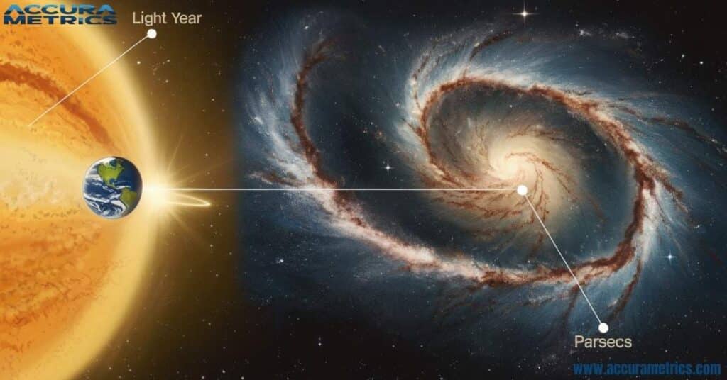 A visualization showing the concept of Astronomical Units, light years, and parsecs, essential for Measuring Length in Space.