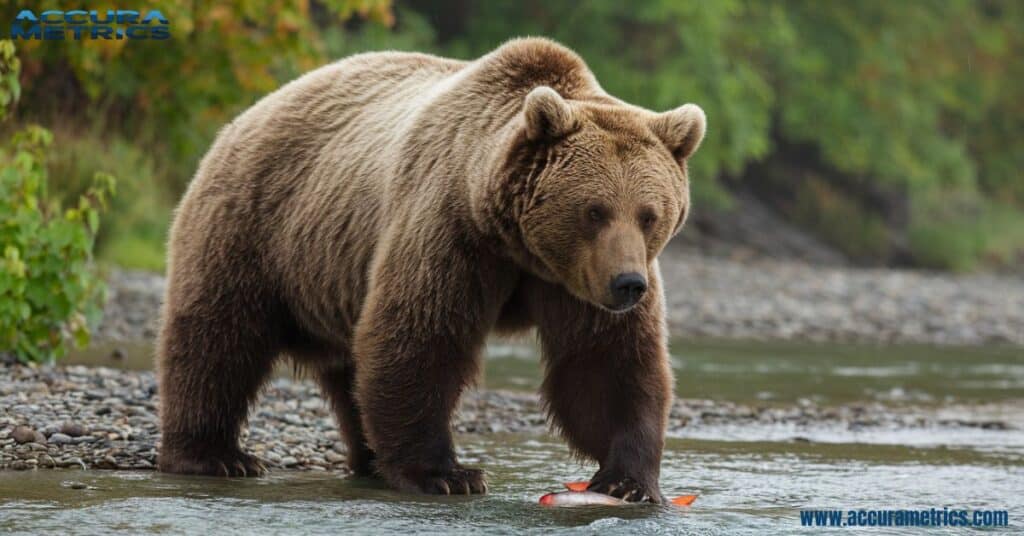 A brown bear in Alaska wilderness, preparing to catch salmon in the river.